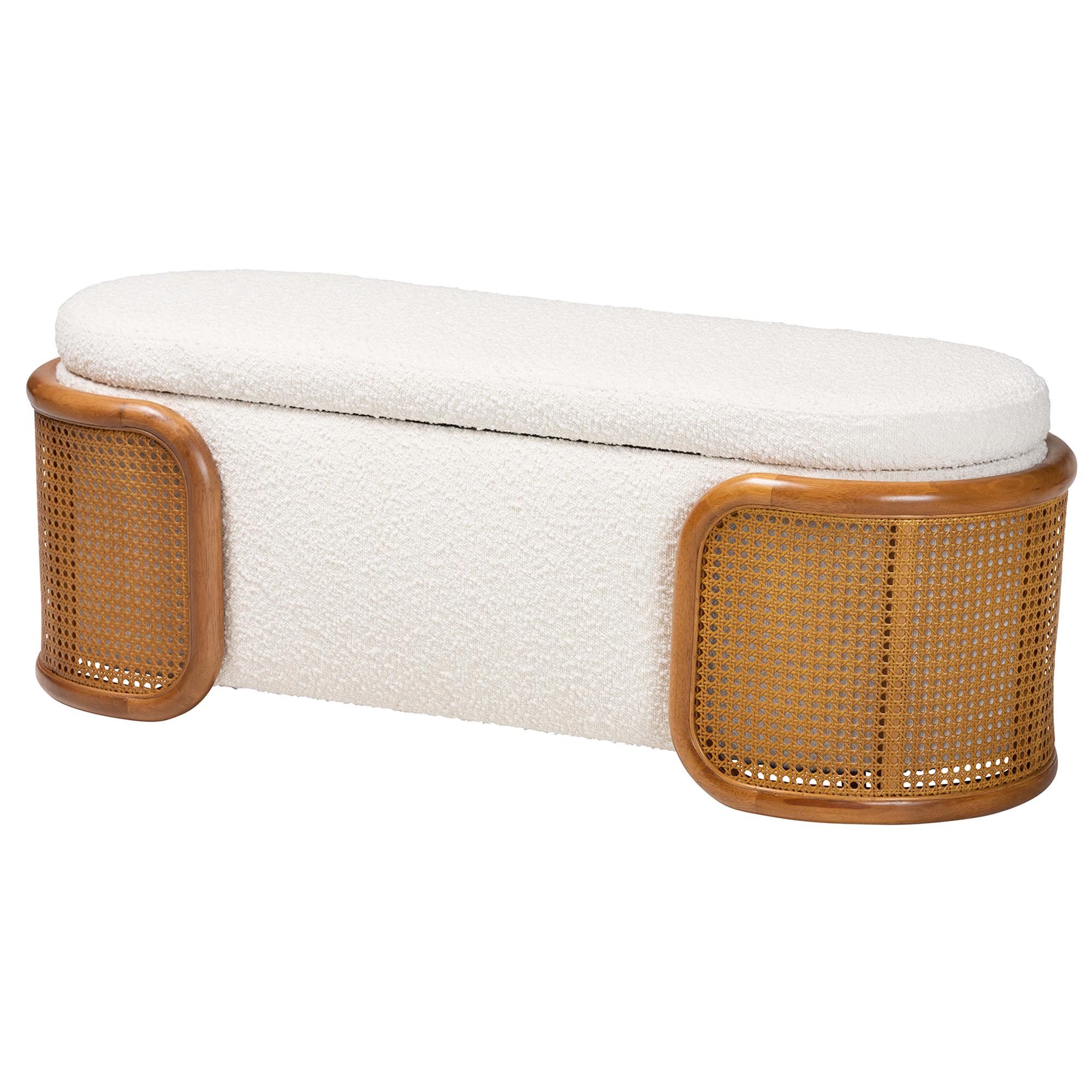 Baxton Studio Basira Japandi Cream Boucle Fabric Storage Bench with Woven Rattan